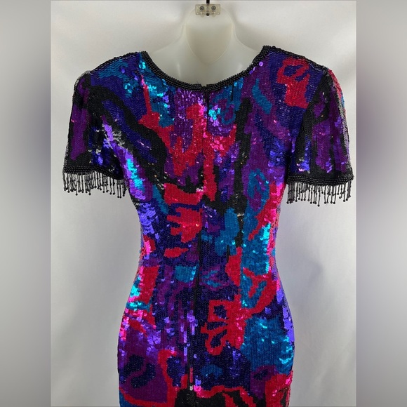 Sean Collection Sequin Beaded Mini Bodycon Fringe Pink Blue Purple Dress Size S - Picture 12 of 15